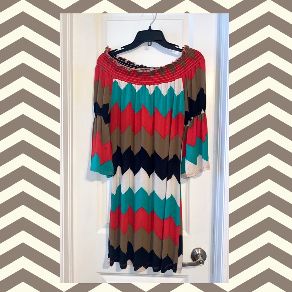 Fall-Colored Chevron Off-Shoulder Dress